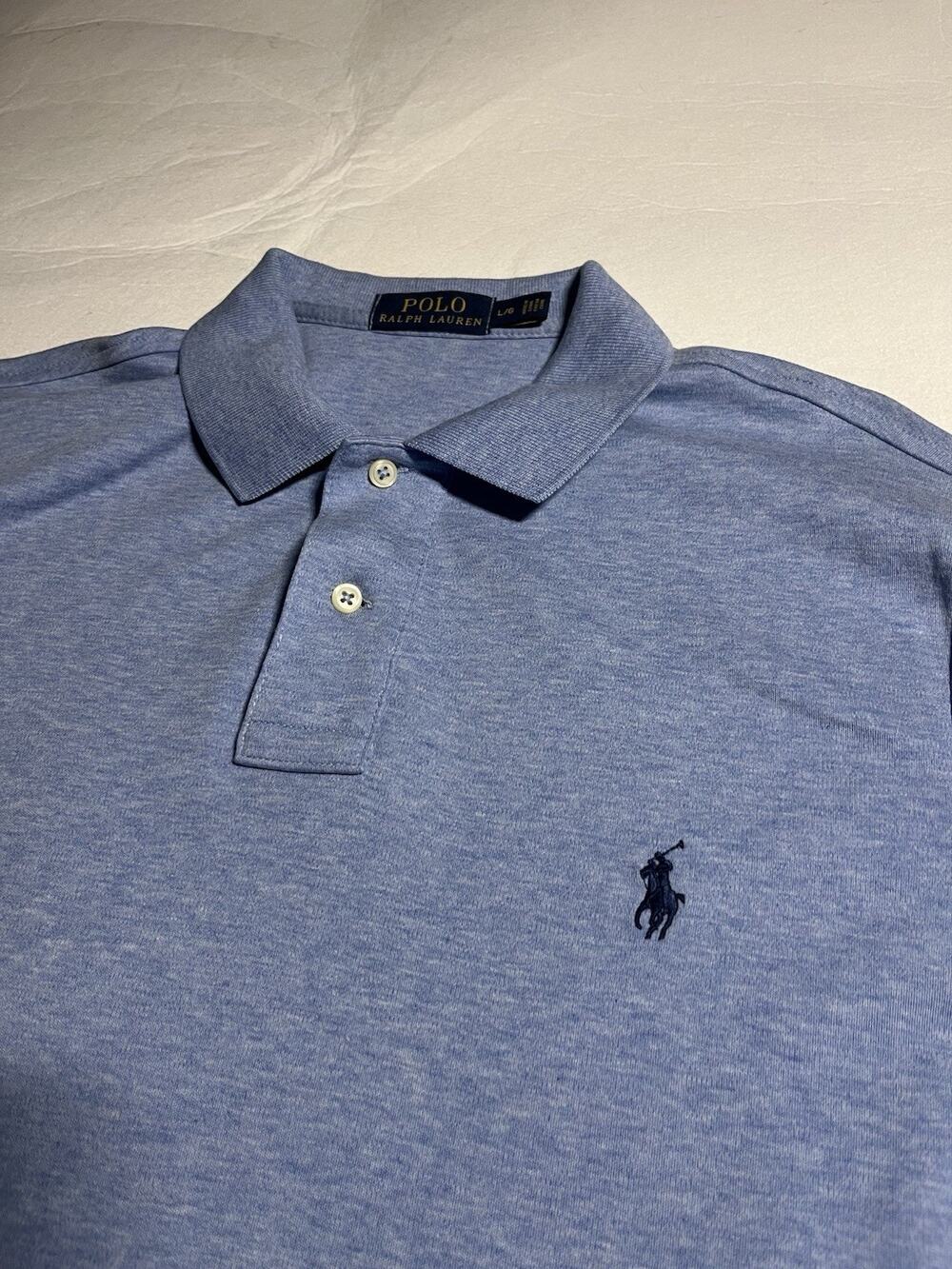 Polo Ralph Lauren Mens Large Blue Heather Polo Shirt Black Pony Short Sleeve